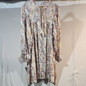 Grace + Karma Cream Paisley Print Midi‎ Asymetrical Peasant Sleeve Boho Dress 1X